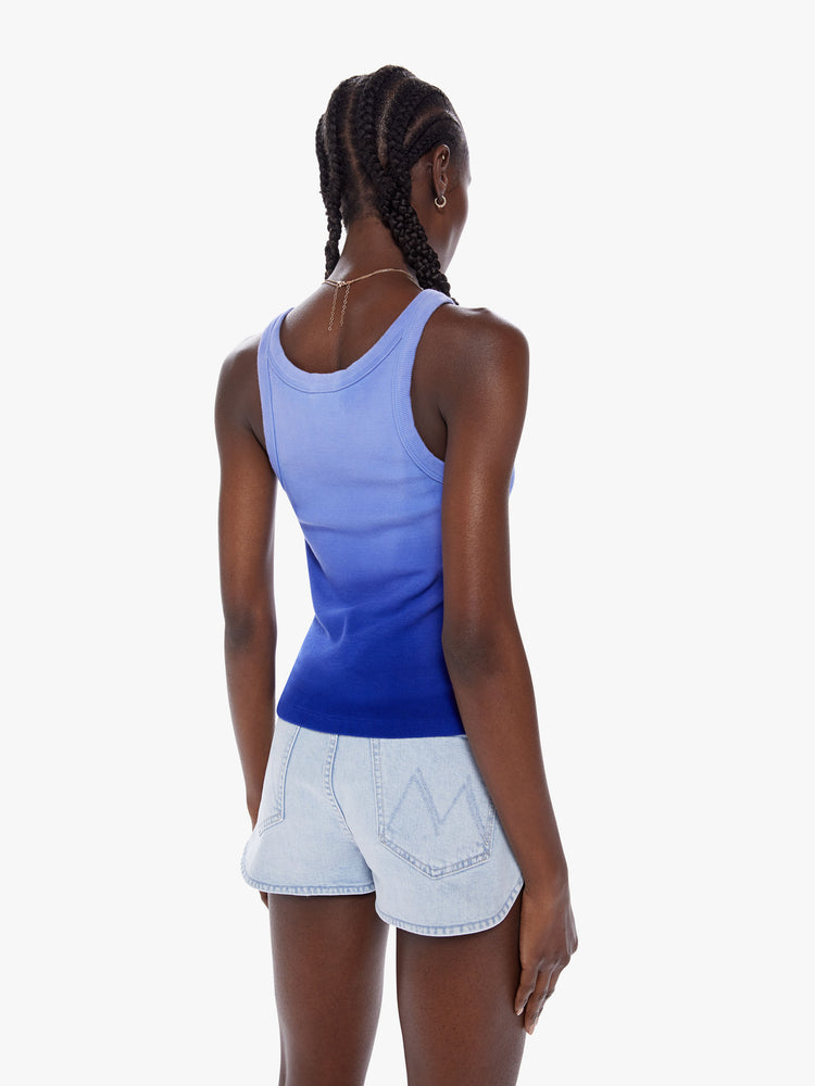 Back view of a woman dip dyed periwinkle hue Tank features a slim fit and racer-style straps.