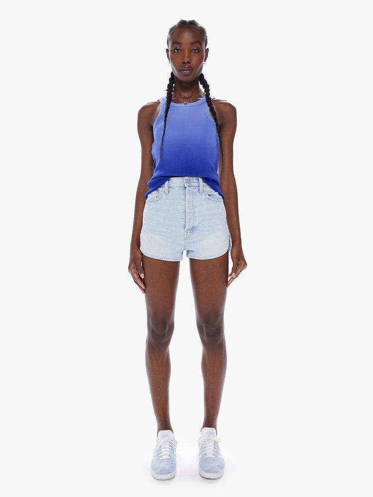 Full body view of a woman dip dyed periwinkle hue Tank features a slim fit and racer-style straps.