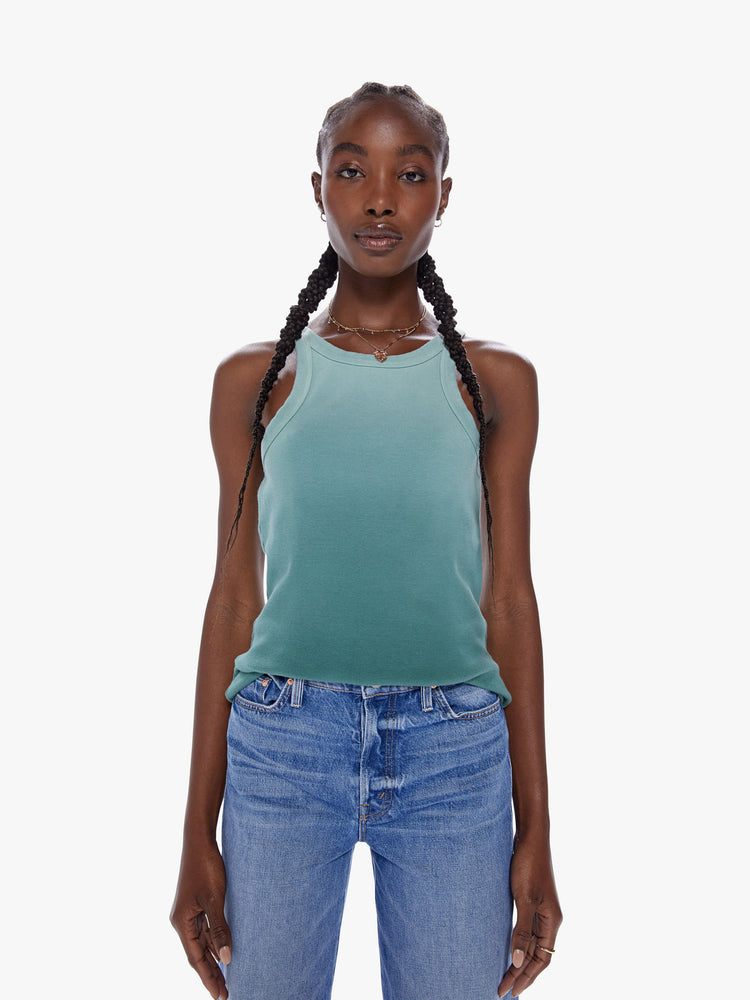 Front view of a womans dip-dyed blue-green hue Tank features a slim fit and racer-style straps.