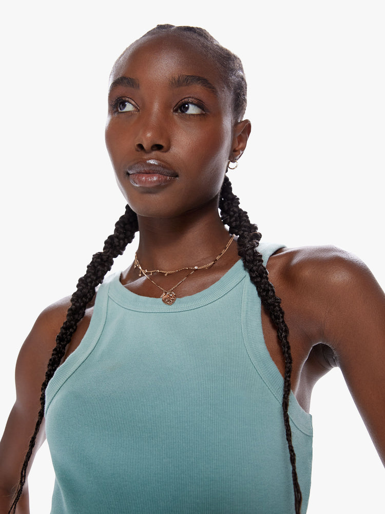 Close up view of a womans dip-dyed blue-green hue Tank features a slim fit and racer-style straps.