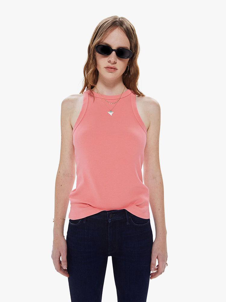 Front view of women's pink ribbed tank