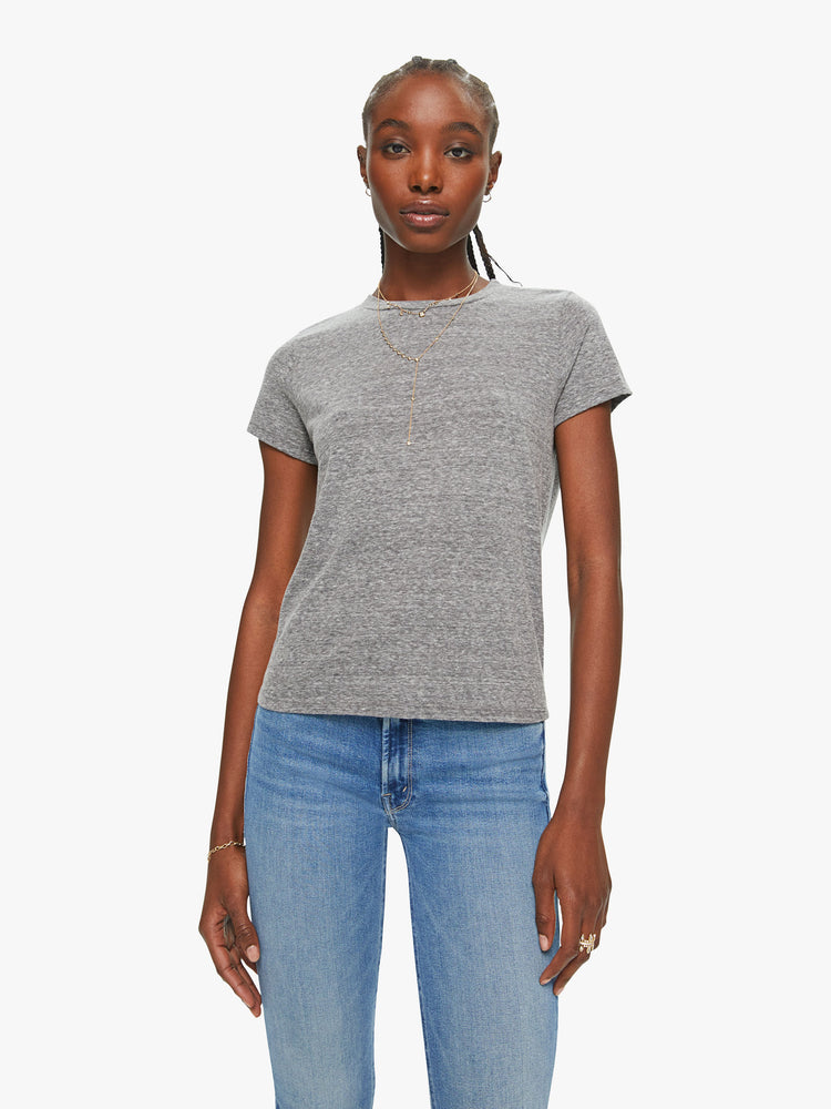 Front view of a womens heather grey crew neck tee featuring a slim fit.