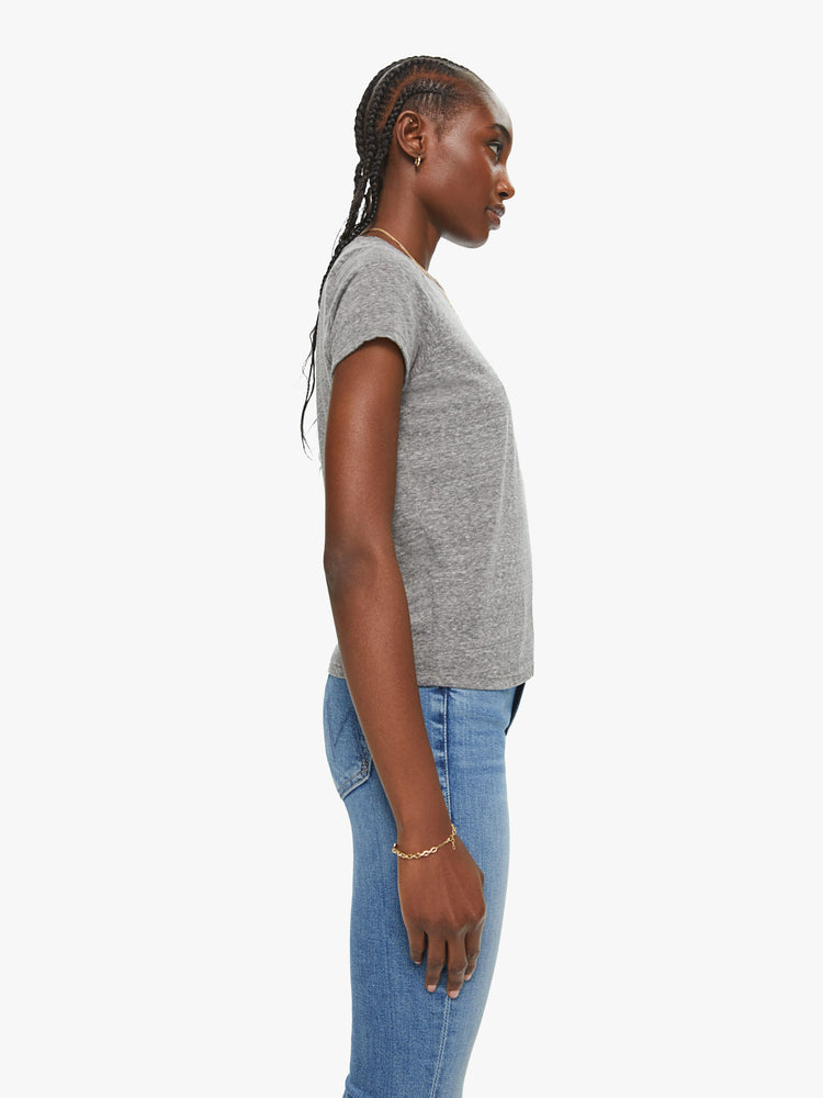 Side view of a womens heather grey crew neck tee featuring a slim fit.
