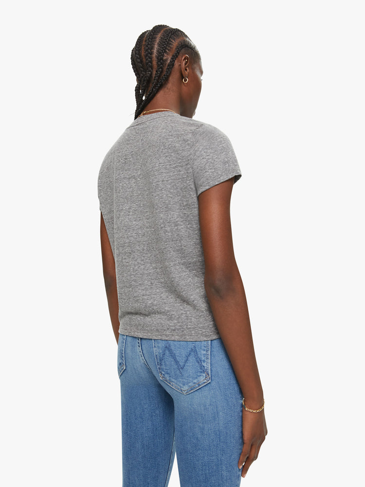 Back view of a womens heather grey crew neck tee featuring a slim fit.