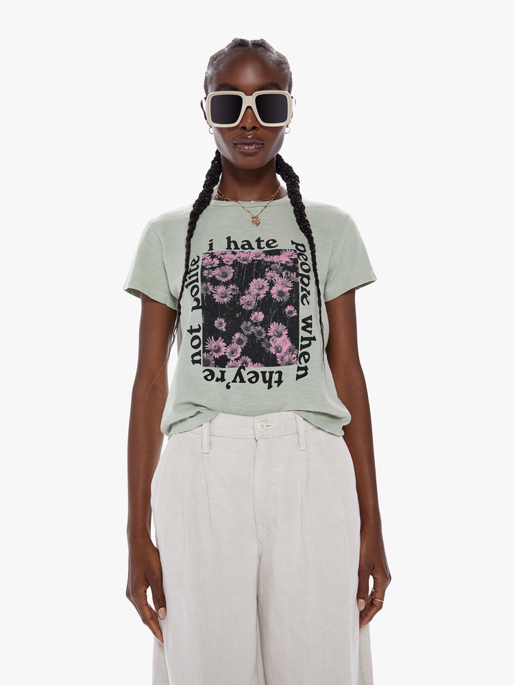 Front view of women soft crewneck with a slim fit for a vintage look and feel in a grey-green hue, the tee features a high-contrast flower graphic and text on the front.