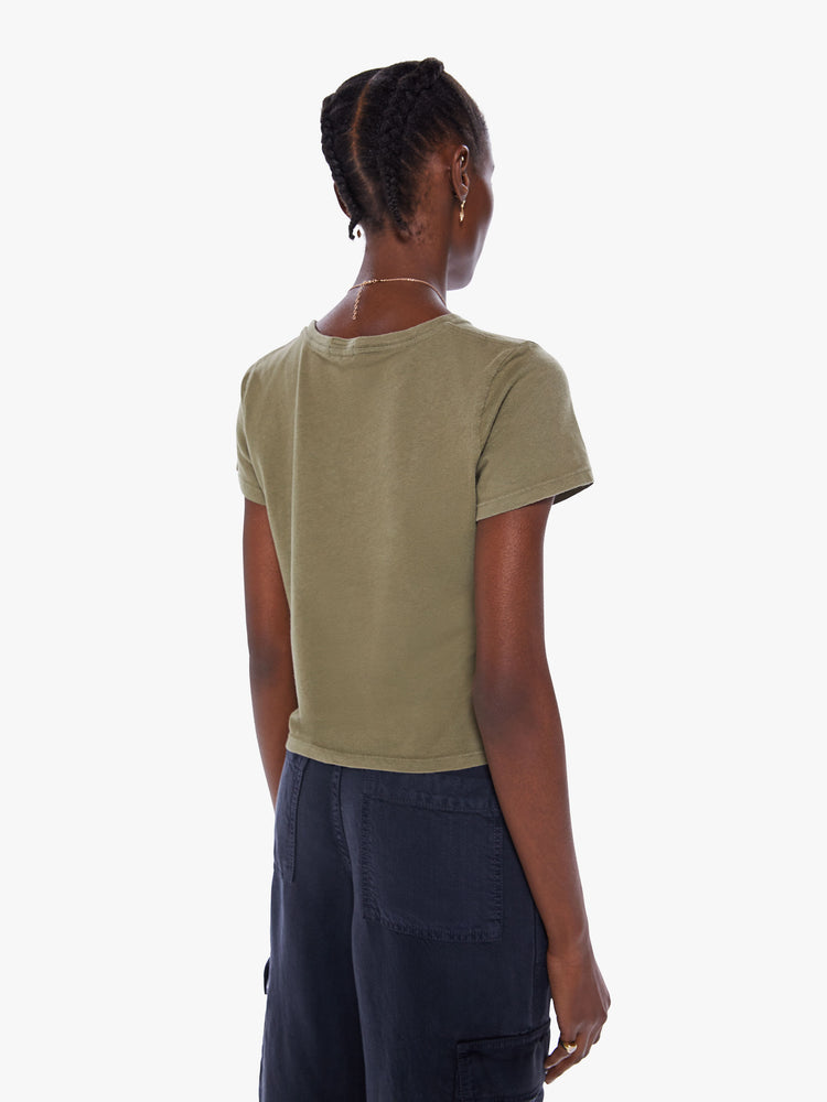 Back view of a woman classic crewneck with short sleeves and a slim fit in a faded green tee with Adam and Eve graphic.