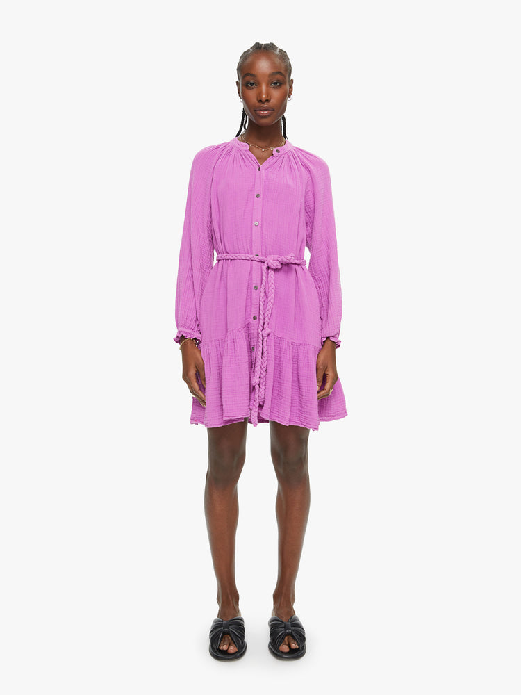 Front view of a womens purple button down dress featuring a flowy fit and a braided rope tie.