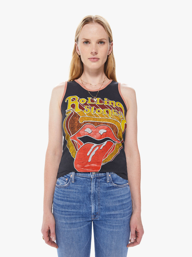 Front view of women's black tank with a large gold, red, and burgundy Rolling Stones graphic