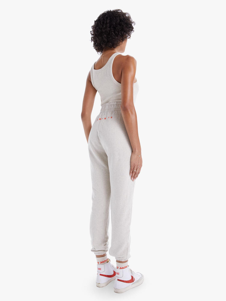 BACK VIEW WOMEN'S HIGH WAISTED OATMEAL SWEATPANT WITH ORANGE DRAWSTRING