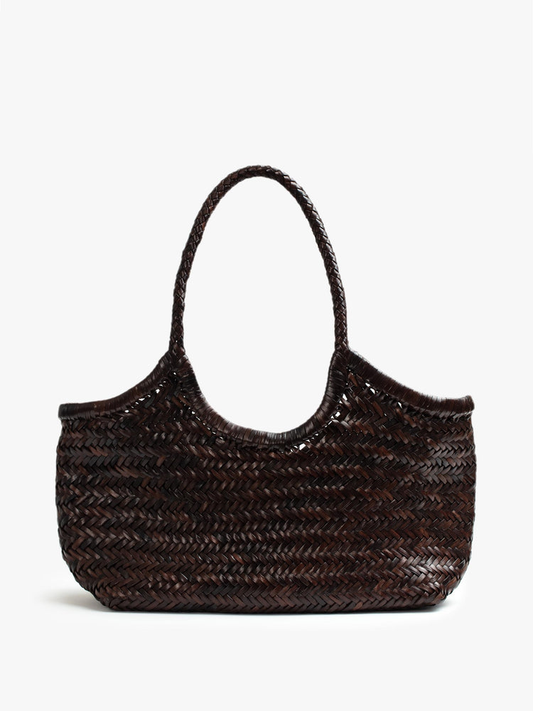Front view of a dark brown, woven leather bag.