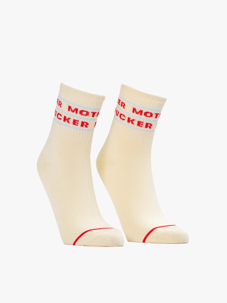 Front view of a pair of off white socks featuring a red and blue graphic.