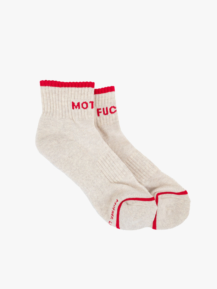 A top flat view of a pair of grey socks featuring red stripes and the words "MOTHER" and "FUCKER"
