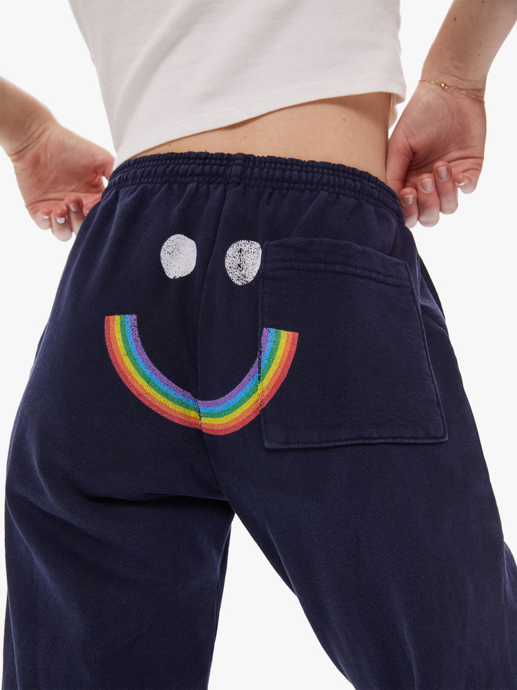 BACK DETAIL VIEW WOMEN'S NAVY SWEATPANTS WITH RAINBOW