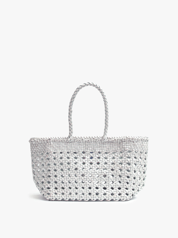 Front view of a womens silver, leather woven bag.