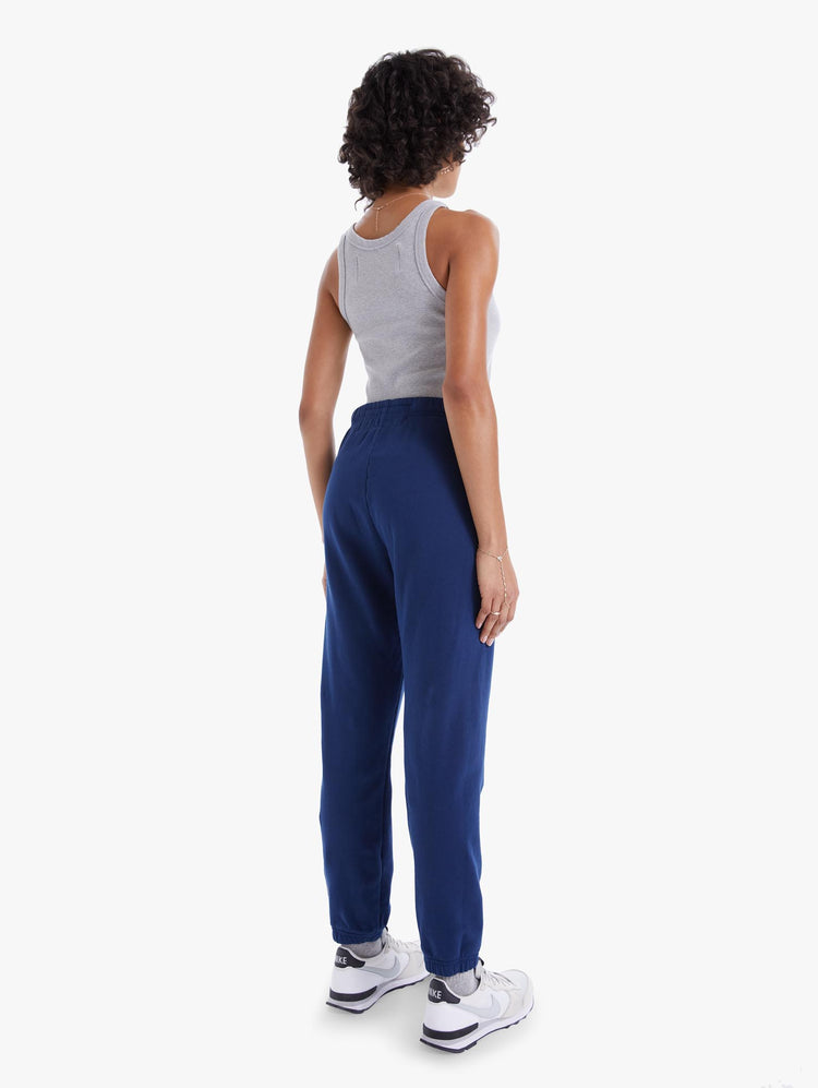 BACK  VIEW WOMEN'S HIGH WAISTED NAVY SWEATPANT WITH PEACH DRAWSTRING