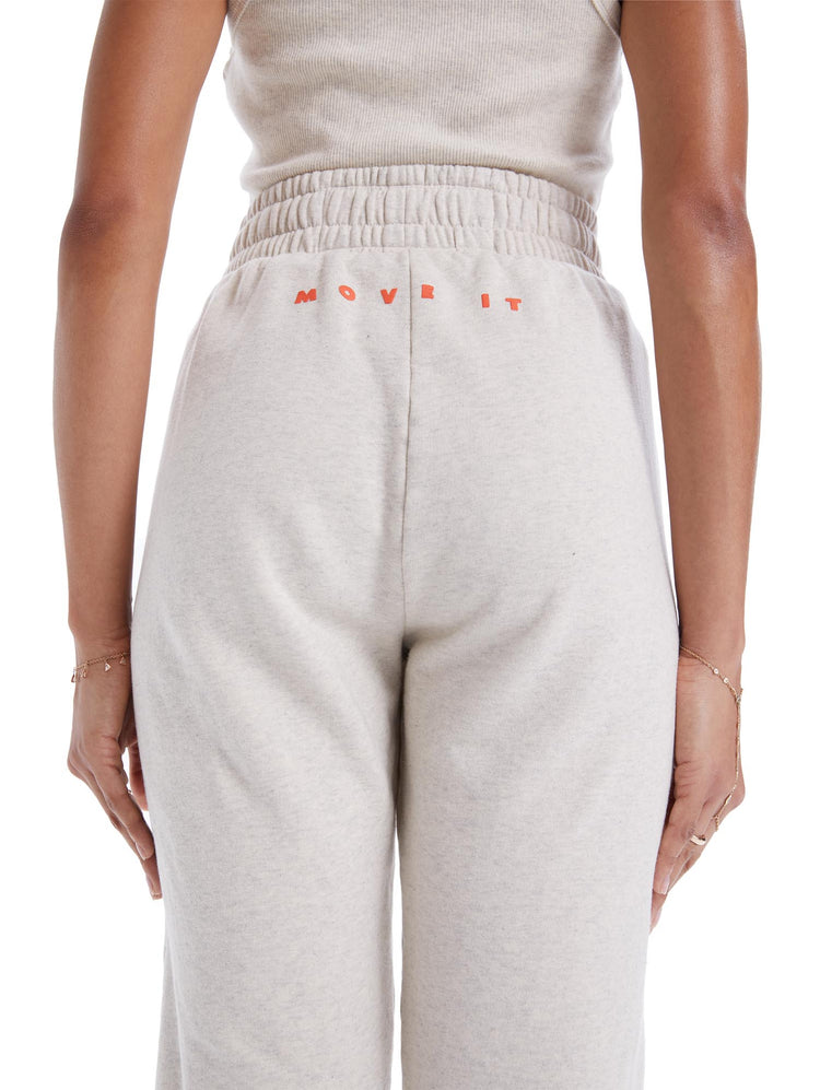 DETAIL VIEW WOMEN'S HIGH WAISTED OATMEAL SWEATPANT WITH ORANGE DRAWSTRING
