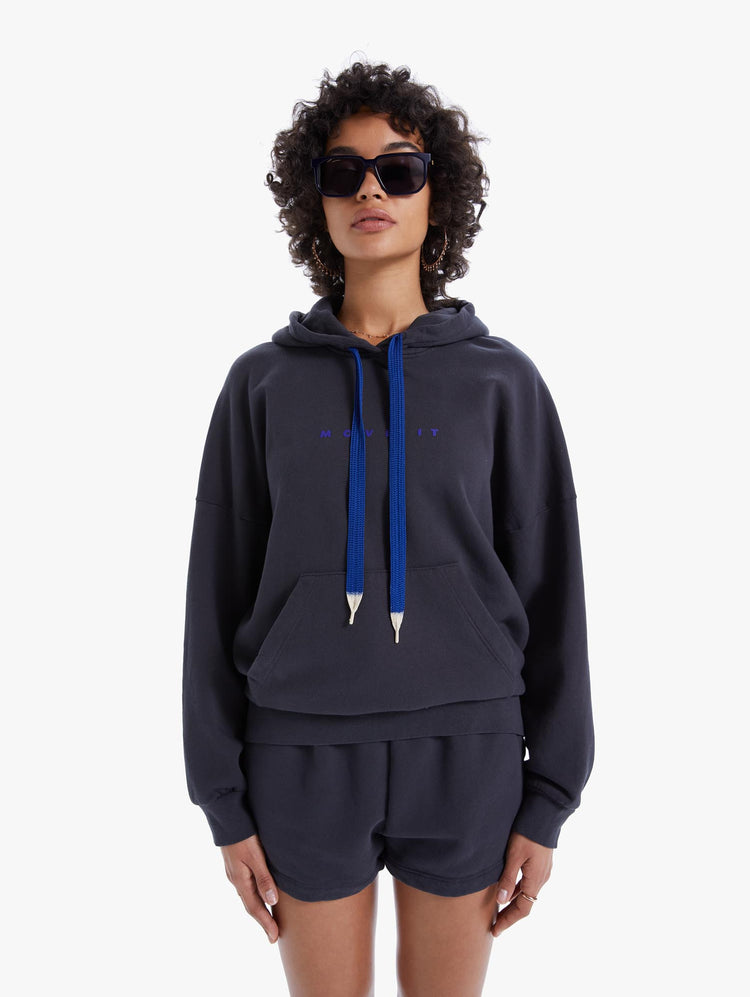 FRONT VIEW WOMEN'S BLACK HOODIE WITH BLUE DRAWSTRING