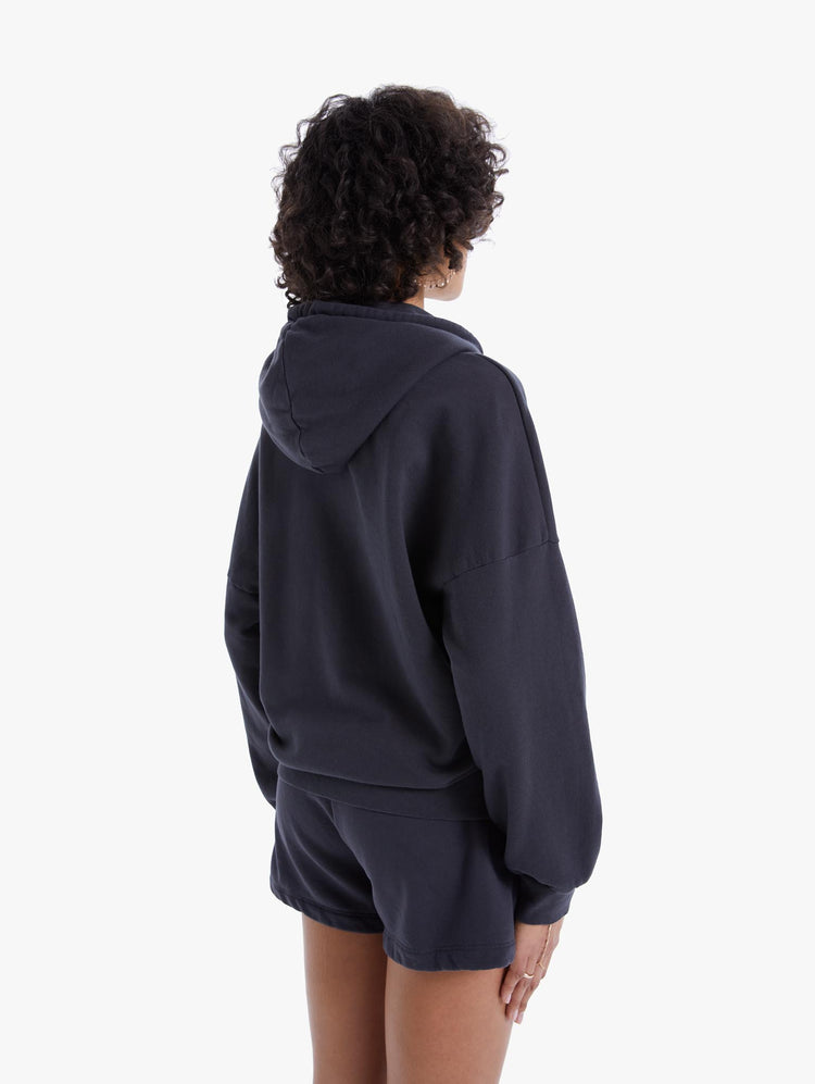 BACK VIEW WOMEN'S BLACK HOODIE WITH BLUE DRAWSTRING