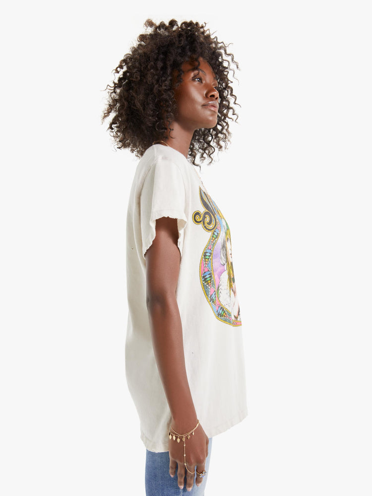 Side view women's white stevie nicks graphic tee with multicolor detail featuring yellow, blue, black, pink, purple and black. 