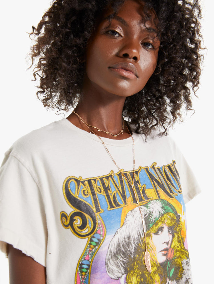 Front view women's white stevie nicks graphic tee with multicolor detail featuring yellow, blue, black, pink, purple and black. 
