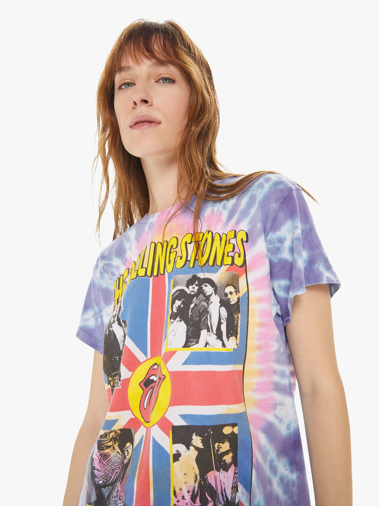 Front close up view of a woman wearing a tie dye crew neck tee featuring an oversized fit and a large "THE ROLLING STONES VOODOO LOUNGE TOUR" graphic.