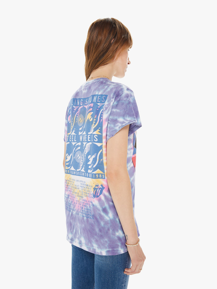 Back view of a woman wearing a tie dye crew neck tee featuring an oversized fit and a large "THE ROLLING STONES VOODOO LOUNGE TOUR" graphic.