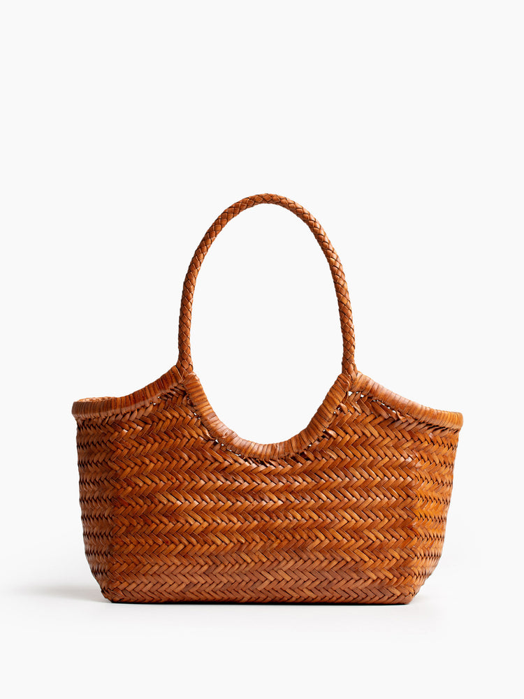FRONT VIEW WOMEN'S TAN MID SIZED WOVEN TOTE BAG.