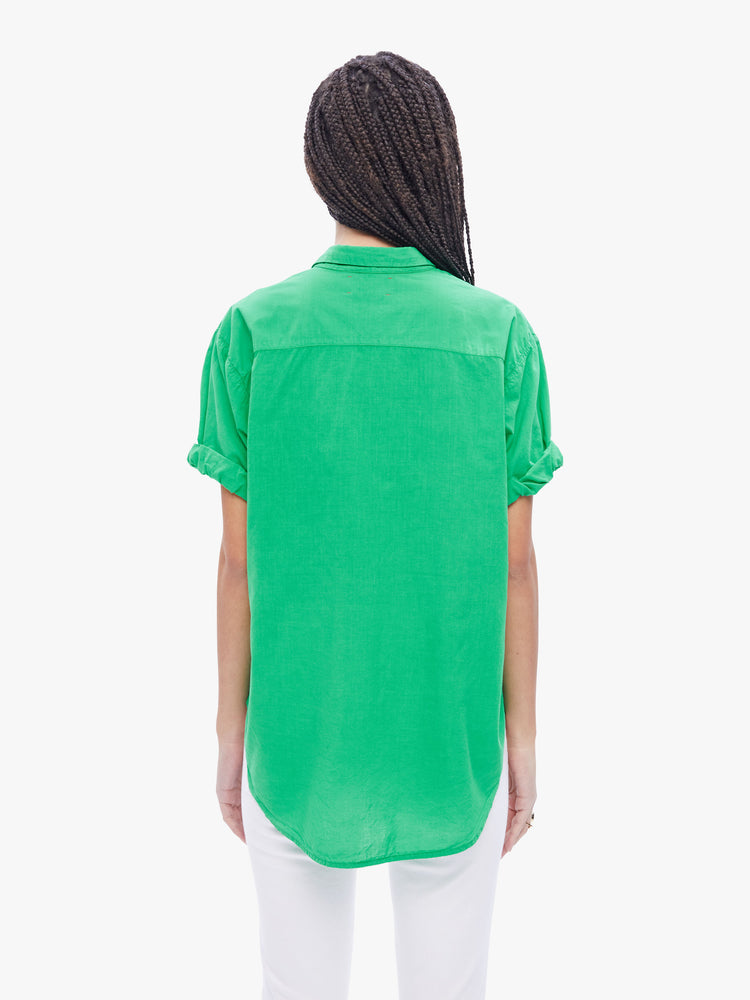 Back view of a woman in an effortless button down from XiRENA, the collared shirt has a barrowed from the boys look and a slightly oversized fit in a mint green hue