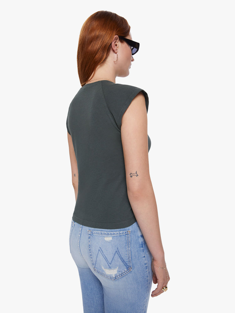 Back view of a womens fitted crew neck tee in a dark muted green, featuring braided details along the raglan seam.
