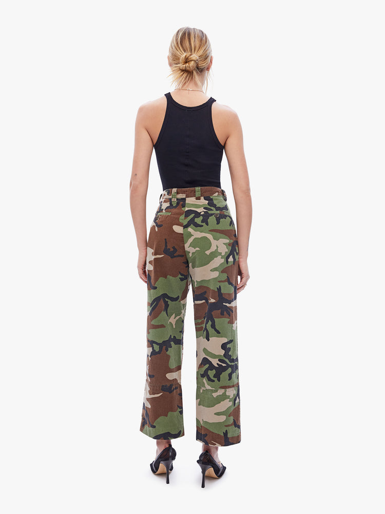 Back view of a womens high rise pant featuring a camo print, wide leg, and ankle length hem.