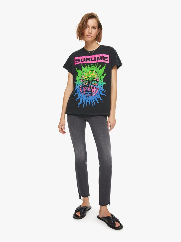 Full body view hand-distressed crewneck tee by MadeWorn with a relaxed fit. Made of 100% cotton in black, the tee honors Sublime with the band's sun graphic on the front in bright neon hues.