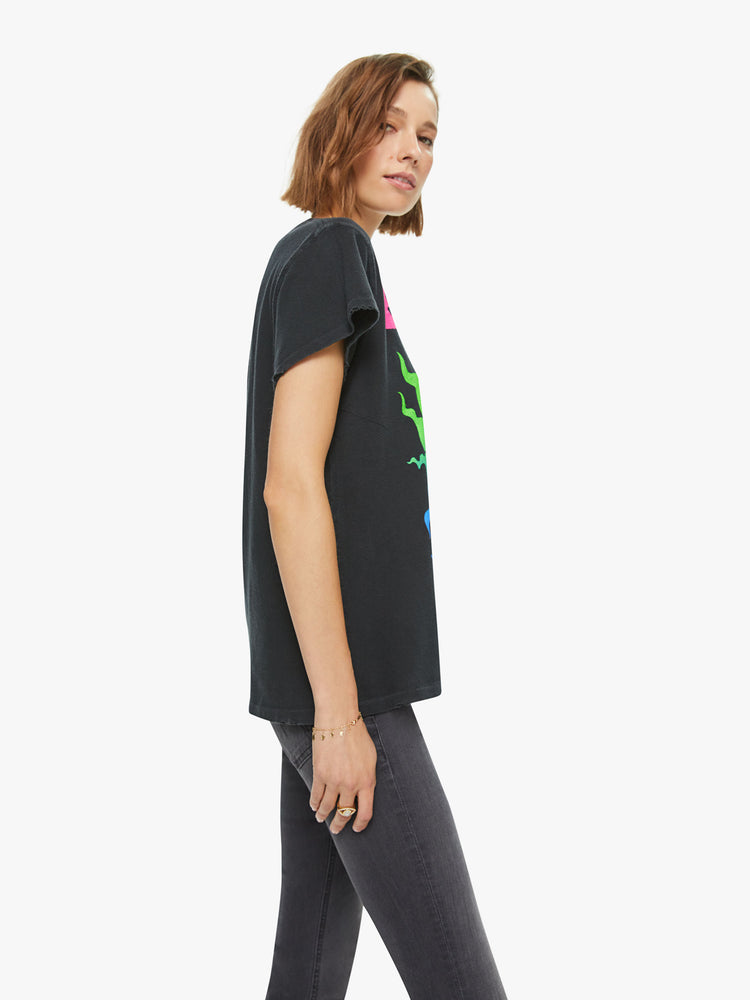 Side view hand-distressed crewneck tee by MadeWorn with a relaxed fit. Made of 100% cotton in black, the tee honors Sublime with the band's sun graphic on the front in bright neon hues.