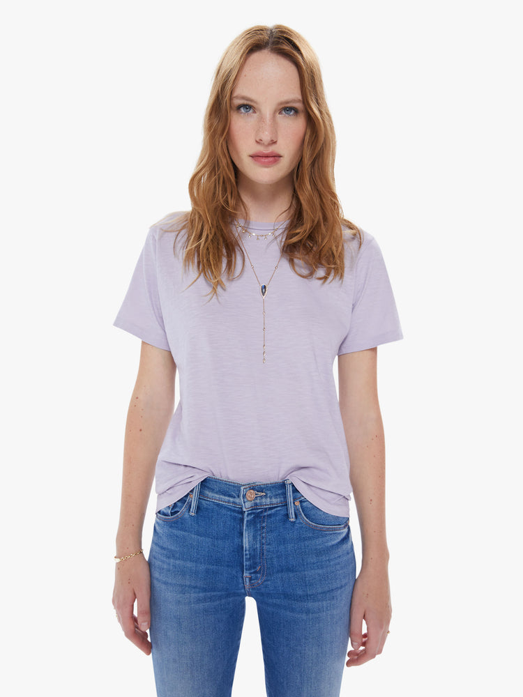 Front view view of a woman in a classic crewneck from American heritage brand Velva Sheen with a slightly boxy shop, crafted from 100% cotton this orchid purple tee gets better every wear