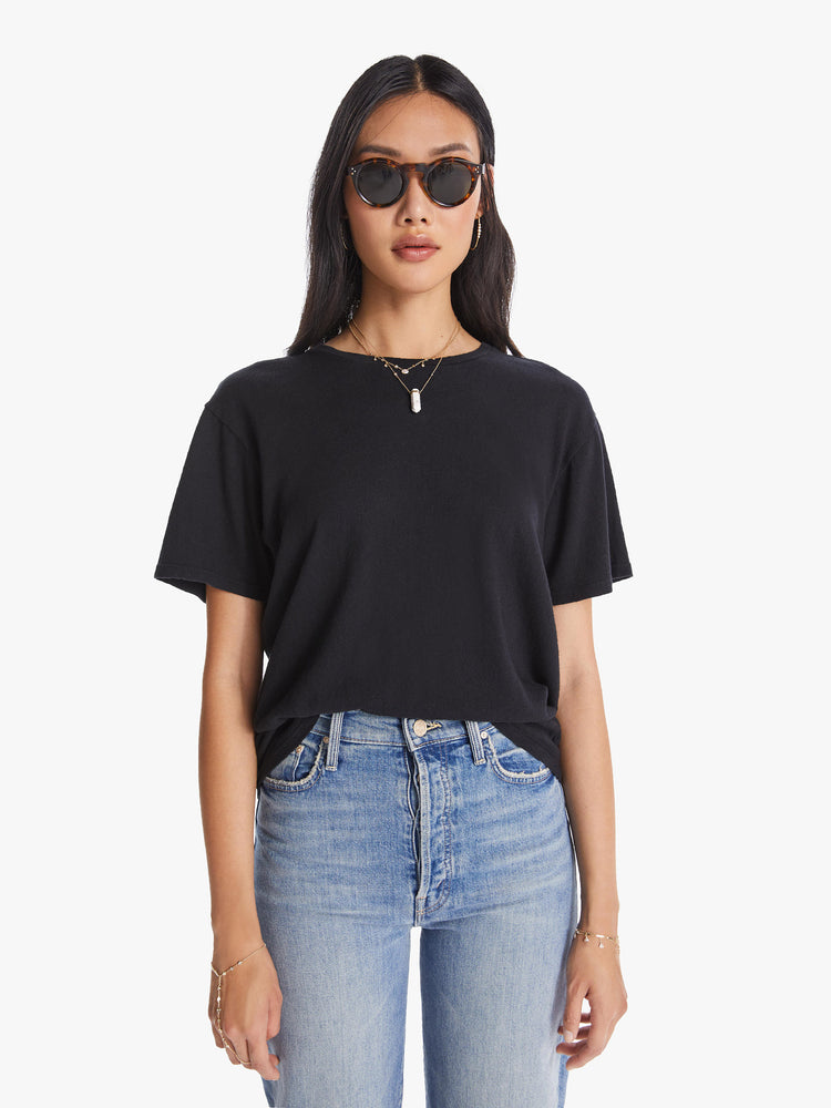 FRONT VIEW OF WOMENS OVERSIZED BOXY CREW NECK TEE IN BLACK