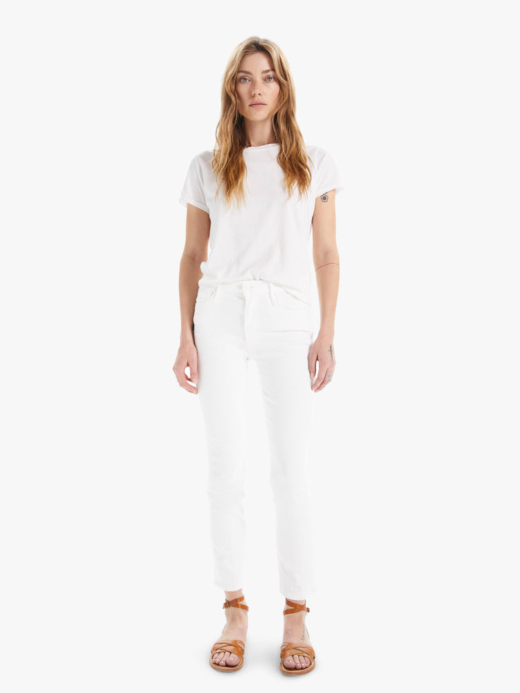 front view of women's white mid rise straight leg jean with ankle inseam, zip fly, and clean hem