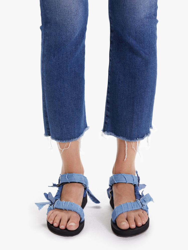 Front view women's blue denim print sandals