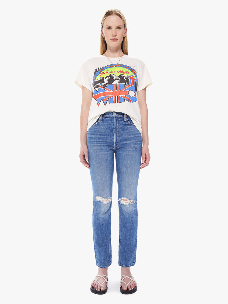 Front view of a women's off-white t-shirt with a blue, red, and neon yellow The Who graphic featuring "The Kids are Alright"