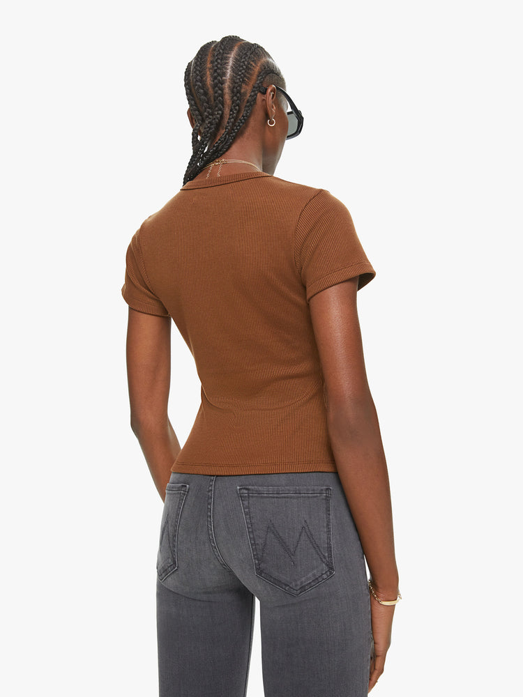 Back view of a women's fitted baby tee in a walnut brown.