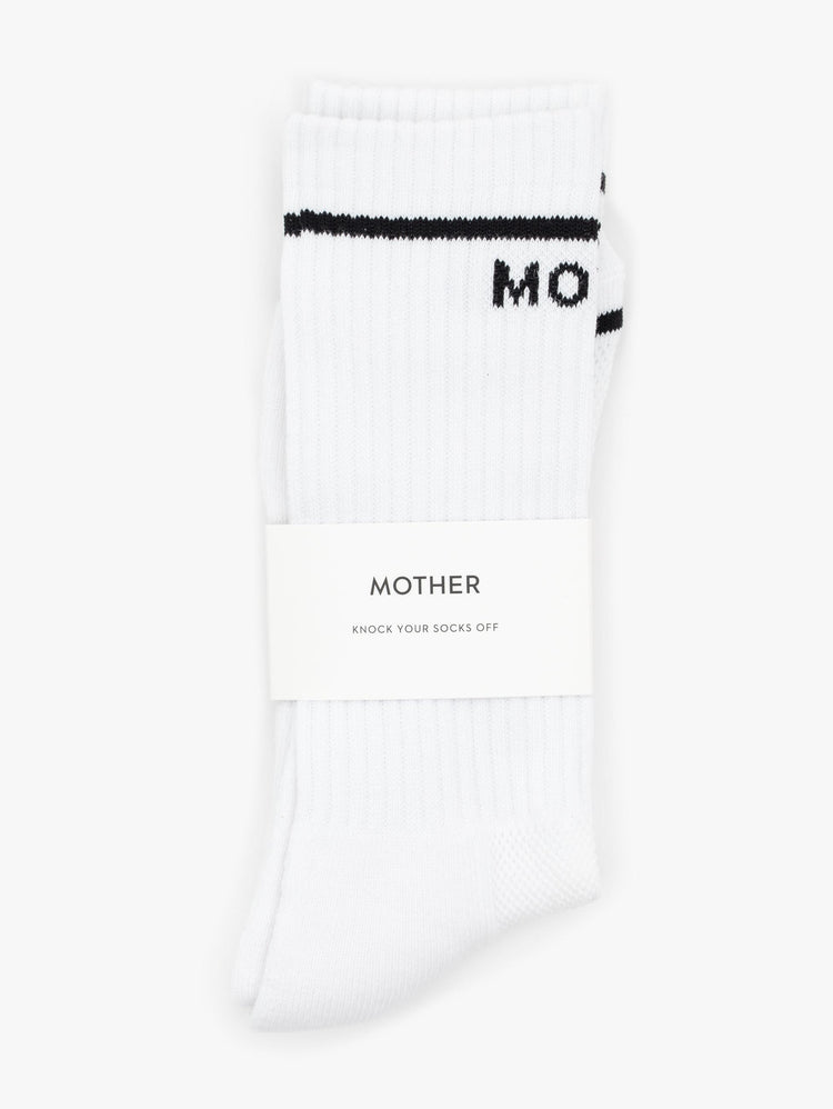 product view of men's white tube sock with the words Mother Fucker in packaging