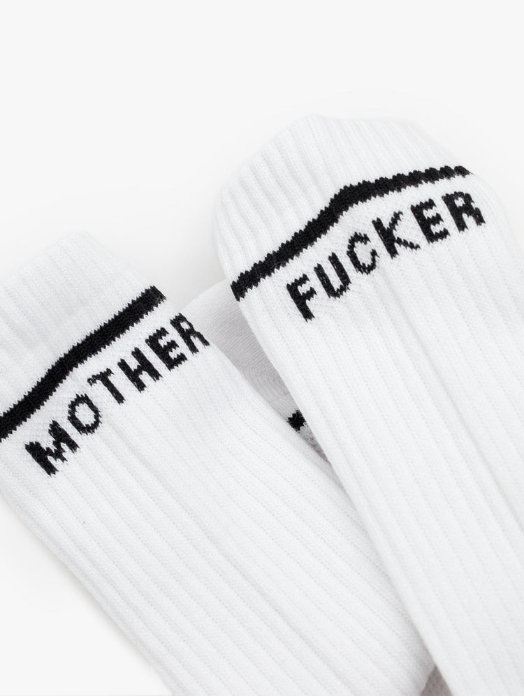 detail product view of men's white tube sock with the words Mother Fucker